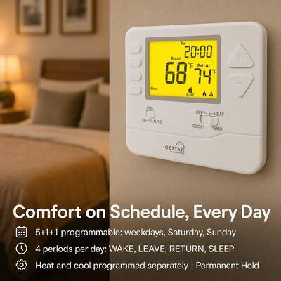 24V 7 Day Programmable Heat Pump Thermostat With Digital Display And Seven Day Scheduling To Support HVAC System Management