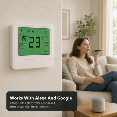 2H 2C Stages 24V Electronic Room WIFI Alexa Voice Control Smart Thermostat 7 Day Programmable Temperature Ranges 0°C to 40°C Temperature Management Solution