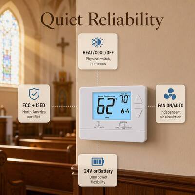 Conventional 24V Single Stage Non Programmable 1 Heat 1 Cool Thermostat Temperature Ranges 32°F to 99°F Designed for Easy and Consistent Temperature Management