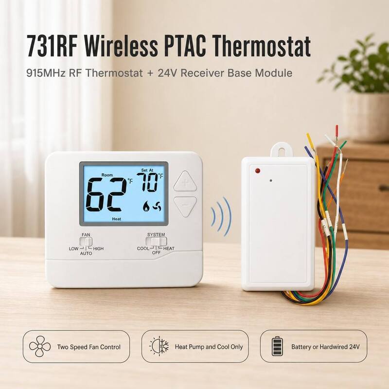 STN731RF LCD Display PTAC Wireless 915MHZ Non-programmable Thermostat 2H 1C Heat Pump without Auxiliary or Emergency Heat for HVAC Systems