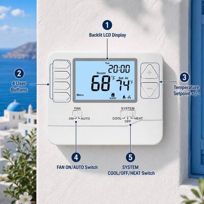 24V 대형 LCD 디스플레이 HVAC 온도 조절기 유선 온도계 7일 2열 2냉 배터리 전원