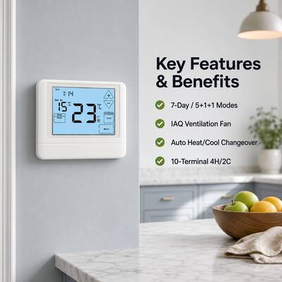 호텔 및 아파트 HVAC 시스템용 24V 또는 배터리 작동 히트 펌프 7일 2열 2냉 터치 스크린 LCD 온도 조절기