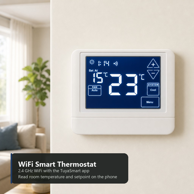 24V LCD 백라이트 2 히트 2 쿨 전자식 객실 WIFI 스마트 TUYA 터치 스크린 온도 조절기 4H 2C 히트 펌프 보조 또는 비상 히트 기능 포함 또는 미포함