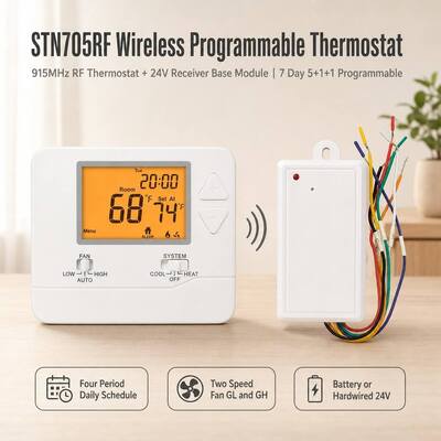 HVAC 시스템용 PTAC RF 온도 조절기, 24V 또는 배터리 작동 난방 및 냉방, 7일 무선 실내 단일 스테이지